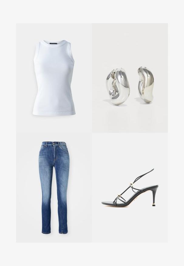 Weißes ärmelloses Oberteil aus geripptem Stoff, mit rundem Halsausschnitt und figurbetonter Silhouette. Glatte Textur, keine sichtbaren Muster oder Akzente.; Schlanke Jeans aus mittelblauem Denim mit einem verblassten Effekt, fünf Taschen, Gürtelschlaufen und einem metallischen Knopfverschluss.; Schwarze, hochhackige Sandale mit dünnen Riemen und goldfarbenen Perlenakzenten an einem spitzen Stilettoabsatz.; Silberne skulpturale Ohrringe mit glatten, geschwungenen Formen und reflektierenden Oberflächen. Sie verfügen über ein geschlossenes Ringdesign und eine ausgeprägte organische Form.