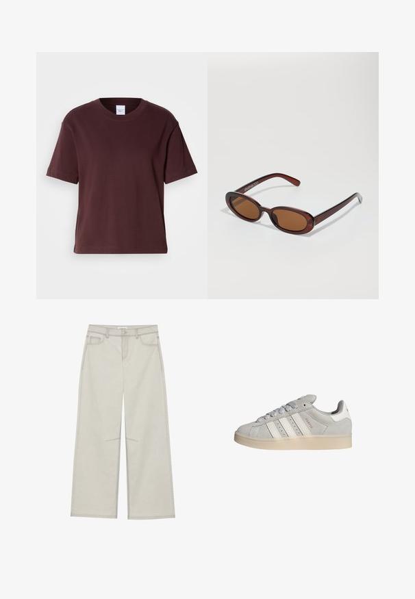 Bordeaux katoenen t-shirt met korte mouwen, een ronde hals en een relaxte pasvorm. Heeft een effen oppervlak zonder patronen of accenten.; Lichtgrijze wijde broek met vijf zakken, sluiting met een knoop aan de voorkant en contrasterende stiksels langs de naden. De stof lijkt zacht en duurzaam te zijn.; Grijze suède sneakers met witte leren accenten, drie witte strepen en een lichtgekleurde rubberen zool. Voorzien van platte veters en een ronde neus.; Ronde, bruin getinte zonnebril met een glanzend bordeauxrood frame. Slanke pootjes met subtiele merkdetails. Vlakke lensontwerp.