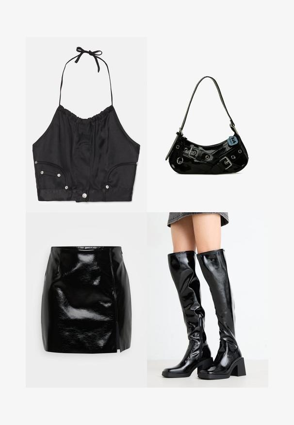Haut crop en satin noir à col halter avec texture froncée, lien réglable au cou, boutons à l'avant et deux poches latérales avec des accents en métal argenté.; Mini-jupe noire en matériau brillant. Comprend une fermeture éclair sur le côté et une fente sur le côté droit pour un détail et un design supplémentaires. Texture lisse.; Bottes noires, brillantes, montantes jusqu'aux genoux, avec un bout carré et un talon épais. Présentent une fermeture éclair latérale et un design ajusté en texture.; Sac à main en cuir verni noir avec une forme incurvée, présentant des ferrures en argent, des boucles décoratives et une bandoulière courte. Étiquette bleue attachée.