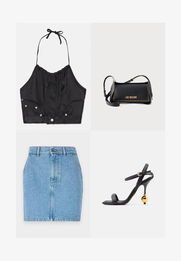Mustmust värvi satiinist halterneck crop top, kokku volditud tekstuuriga, reguleeritav nöör kaela ümber, ees nupud ja kaks küljetaskut hõbedane käepideme aktsentidega.; Heledanikk, helesinine, mis on tiheda lõikega, viie tasku stiiliga ja kontrastõmblustega. Materjalil on tekstuuriline viimistlus.; Mustad kõrge kontsaga sandaal õhukese pahkluu rihmaga ja unikaalse kuldse sfäärilise kontsadetailiga, ruudukujulise varbaga disainiga.; Must ristkülikukujuline Love Moschino käekott kuldse õmbluse ja reguleeritava õlarihmaga tavalise tausta ees.