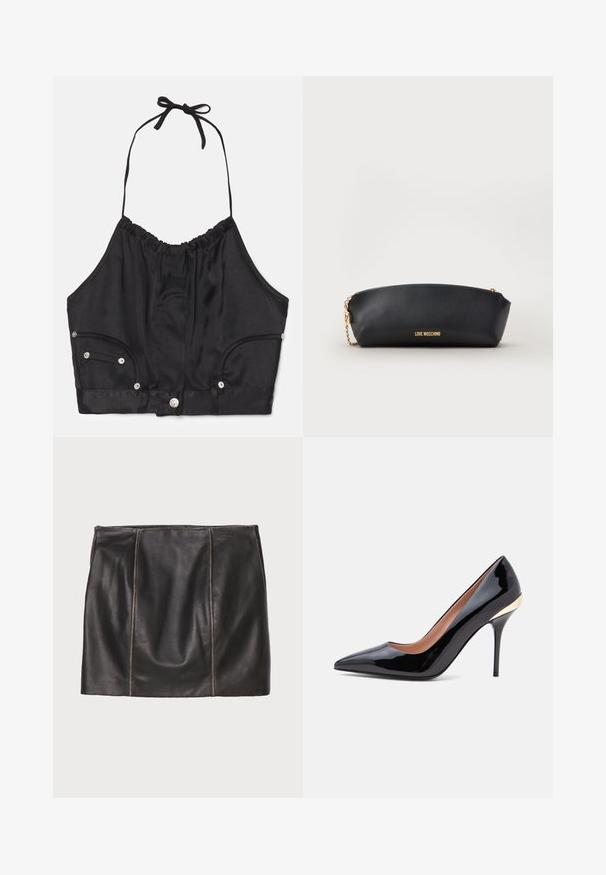 Sort satin halterneck crop top med samlede tekstur, justerbar snor i halsen, knapper foran og to sidelommer med sølv hardware detaljer.; Sort læderskørt med stikninger, lige silhuet og glat tekstur. Minimalistisk design uden metaldele.; Sort laklæder pumps med spids tå, tynd stilet hæl og en gulddetalje nær hælkappen.; Sort Moschino pung med guldkæde og guldlogo foran, sat mod en ensfarvet lys baggrund.
