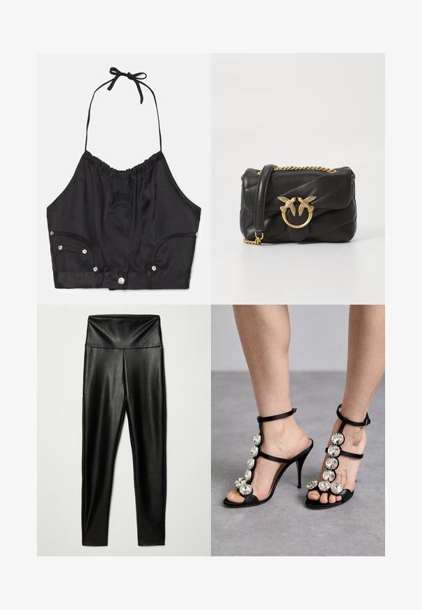 Čierny saténový halter crop top s vrúbkovou textúrou, nastaviteľnou šnúrkou na krku, prednými gombíkmi a dvoma bočnými vreckami so striebornými kovovými akcentmi.; Čierne legíny z ekologickej kože s vysokým pásom, majúce hladkú textúru a priliehavý strih, siahajúce po členky.; Čierne sandále na vysokom opätku so saténovými popruhmi a veľkými kruhovými kamienkami pozdĺž oblúka a členku, otvorená špička.; Čierna kožená kabelka cez telo s prešívaným vzorom, zlatým reťazovým popruhom a výraznou hardvérovou dekoráciou v tvare vtáka v strede. Kompaktný obdĺžnikový tvar.