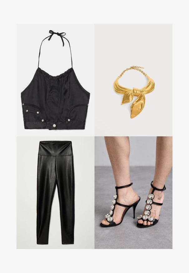Čierny saténový halter crop top s vrúbkovou textúrou, nastaviteľnou šnúrkou na krku, prednými gombíkmi a dvoma bočnými vreckami so striebornými kovovými akcentmi.; Čierne legíny z ekologickej kože s vysokým pásom, majúce hladkú textúru a priliehavý strih, siahajúce po členky.; Čierne sandále na vysokom opätku so saténovými popruhmi a veľkými kruhovými kamienkami pozdĺž oblúka a členku, otvorená špička.; Náhrdelník z kovu vo zlatej farbe v tvare zviazaného šatky s nastaviteľnou sponou na retiazke na bielom pozadí.