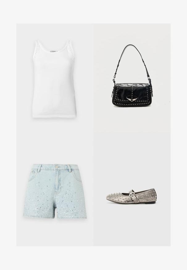 Débardeur blanc côtelé sans manches avec bordure en dentelle sur les bretelles, doté d'un col rond.; Shorts en denim bleu clair avec des ornements en strass argentés et blancs dispersés sur le devant, dotés de passants pour ceinture, d'un bouton et de poches.; Chaussure plate grise à bout rond, ornée de clous métalliques, avec une sangle latérale présentant un détail de boucle en argent. Texture lisse.; Sac à épaule en cuir noir avec des clous argentés et un emblème métallique ailé sur le rabat avant sur fond uni.