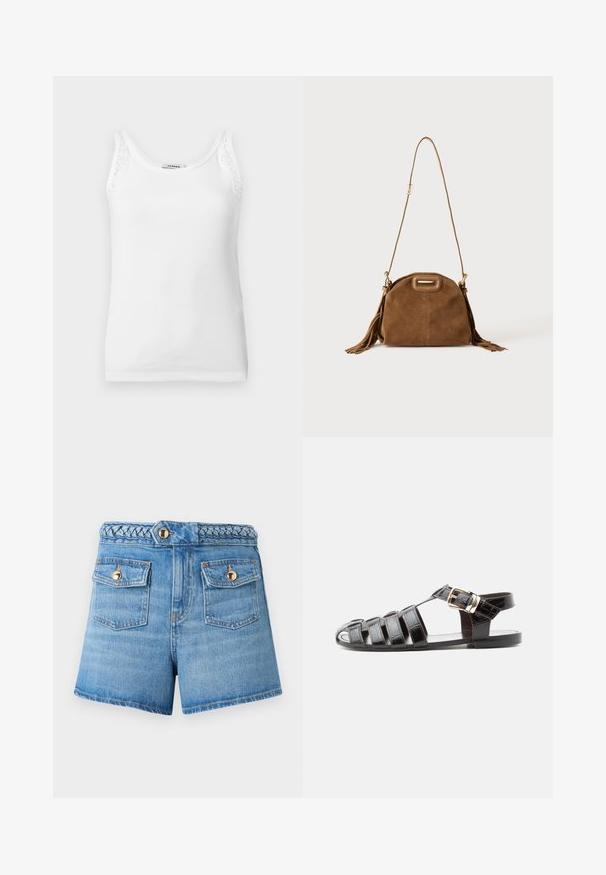 Débardeur blanc côtelé sans manches avec bordure en dentelle sur les bretelles, doté d'un col rond.; Shorts en denim bleu taille haute avec ceinture tressée et deux poches avant à rabat fermées par des boutons dorés sur fond uni.; Sandale de pêcheur en cuir noir avec bout ouvert, multiples brides et fermeture à boucle dorée sur une semelle plate, vue de profil.; Sac à épaule en daim marron avec une longue bandoulière, une découpe rectangulaire de la poignée et des détails à pompons sur les côtés sur fond blanc.