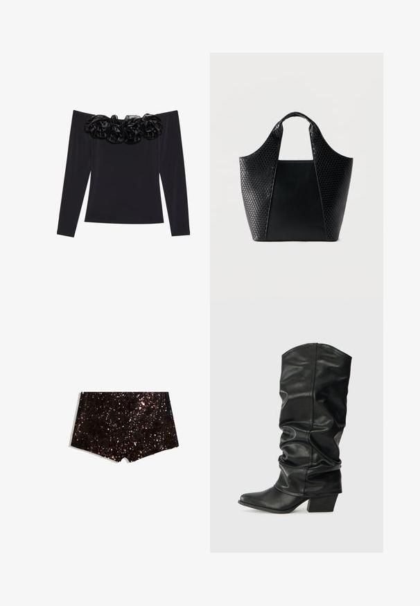Haut noir à épaules dénudées avec manches longues, présentant une bordure florale texturée en velours noir le long de l'encolure.; Shorts en sequins dans des teintes noires et bronzées, présentant une surface texturée avec un éclat scintillant et un ourlet droit.; Bottes noires en cuir, montantes jusqu'au genou, avec un design plissé, un bout pointu et un talon épais, présentant une texture lisse et des coutures minimales.; Sac fourre-tout noir avec des panneaux en cuir lisse et tissé, des poignées courtes et une base rectangulaire large, présenté sur un fond clair uni.