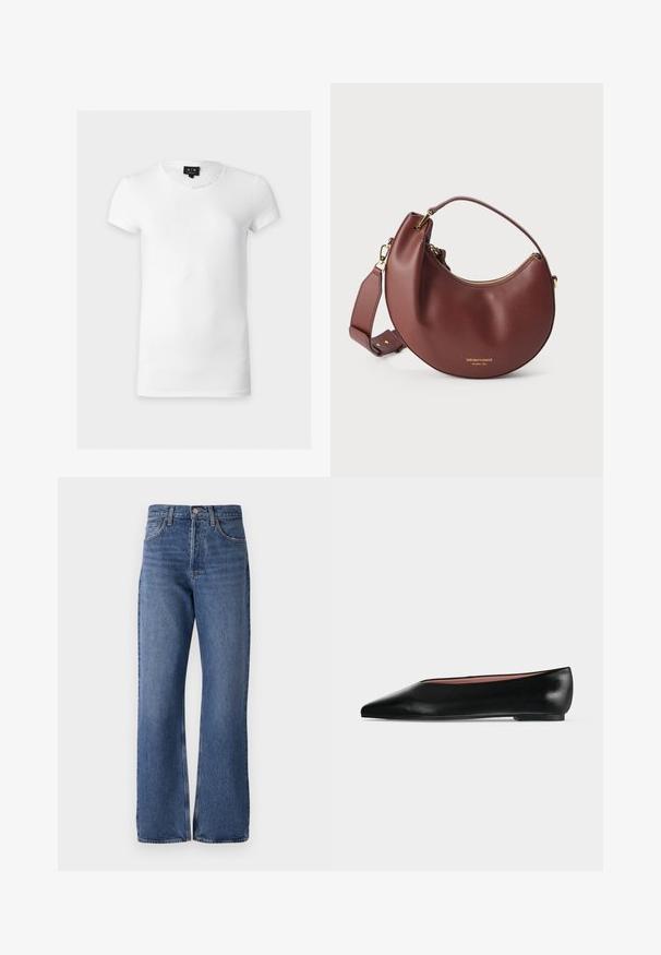 Effen wit t-shirt met korte mouwen en ronde hals met een klein zwart Armani Exchange-label bij de nek.; Blauwe denim jeans met een hoge taille, wijde pijpen, klassiek vijf-pocket ontwerp en subtiele vervagingen in de stof.; Zwarte leren damesschoen met platte zool, puntige neus en lage hak, zijwaarts afgebeeld tegen een effen lichtgrijze achtergrond.; Bruine leren handtas in halve maanvorm met gouden ritssluiting en verstelbare schouderriem op een witte achtergrond.