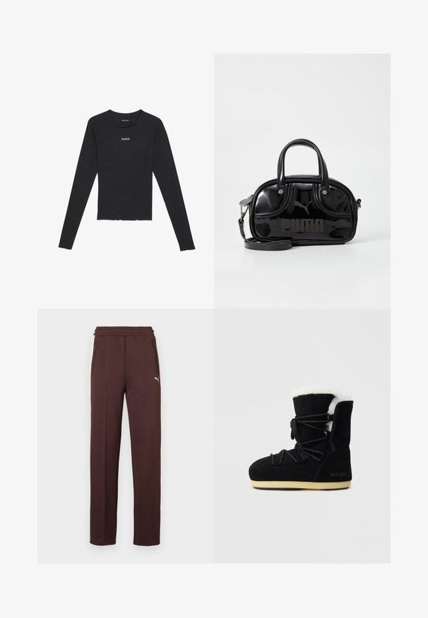 Even&Odd by Zalando T-shirt à manches longues - black/white; Pantalon de survêtement marron avec une finition texturée, taille élastique, poches latérales zippées et un logo sur la jambe gauche.; Botte en suede noire avec une doublure en fourrure blanche, présentant un laçage à l'avant, un support de cheville rembourré et une semelle en caoutchouc pour l'adhérence.; Sac à main en cuir verni noir avec des poignées supérieures doubles, une bandoulière amovible, une forme arrondie et un logo "PUMA" en relief bien visible.
