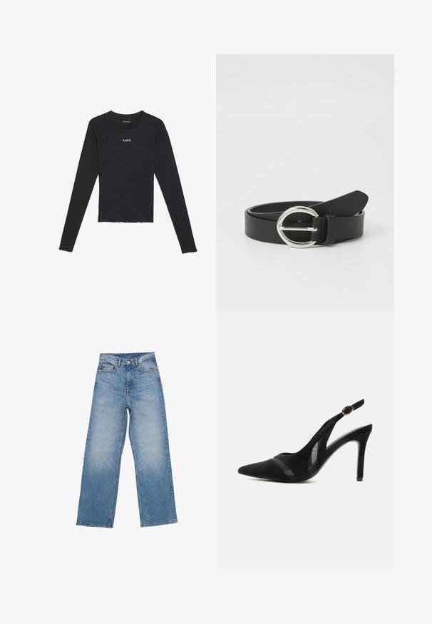 Even&Odd Langærmet T-shirt - black/white; Lyseblå denimjeans har en lige ben design, fem lomme stil og en knaplukning. Stoffet har en falmet tekstur.; Sort ruskind spids tå slingback-pumpe med mesh accenter, en tynd høj hæl og en guld spænde rem mod en ensfarvet baggrund.; Sort læderbælte med en rund sølvspænde, glat overflade og et enkelt design. Remmen er justerbar med en spidse ende.