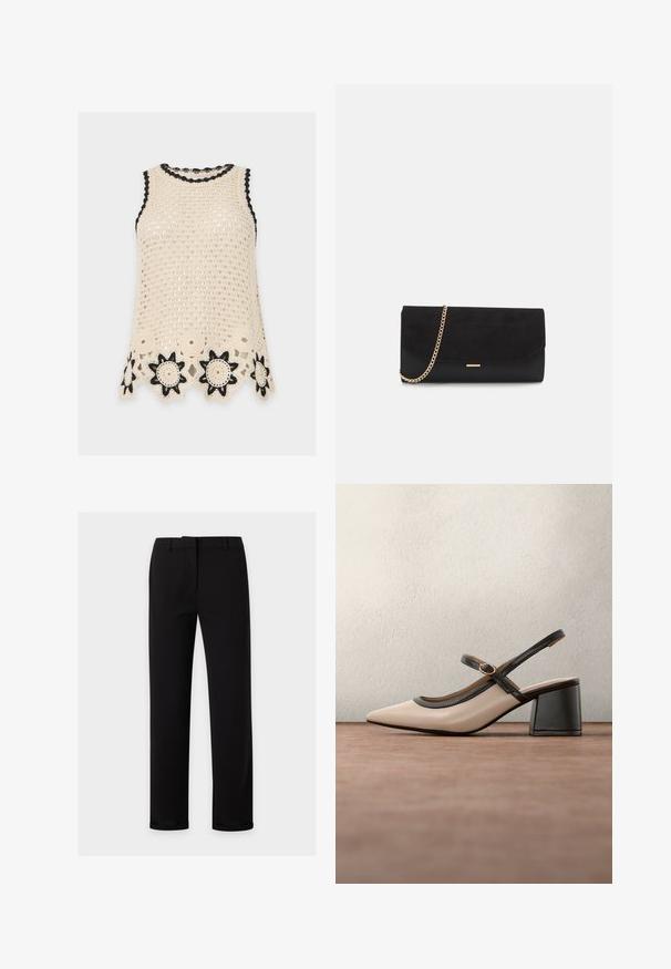 Haut sans manches en crochet beige avec bordure noire et motifs floraux noirs et beiges le long de l'ourlet, présenté sur fond blanc.; Pantalon noir à jambes droites avec passants de ceinture, fermeture éclair à l'avant et une ceinture lisse, présenté sur un fond clair uni.; Chaussure beige à talons hauts avec bride arrière, bout pointu, bordure noire et détail boucle. Matériau lisse à finition mate, talon moyen épais.; Porte-monnaie noir en daim avec une finition texturée, doté d'une chaîne dorée et d'un design épuré et angulaire.