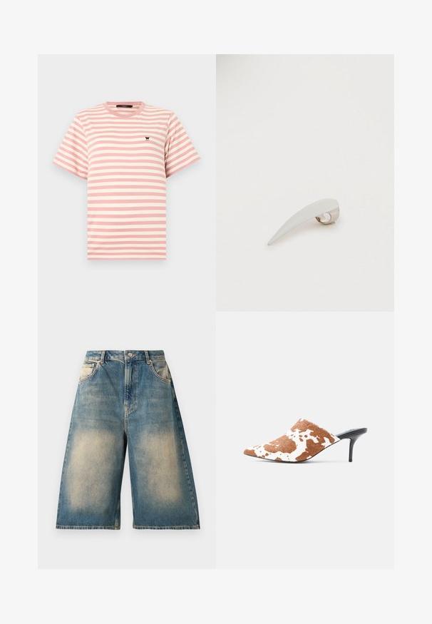 Lyserød og hvid T-shirt med korte ærmer, rund hals og lille sort broderet sommerfuglelogo på venstre bryst.; Højhalsede, knælange denimshorts med falmet vask, forlommer, bæltestropper og knaplukning.; Spids tå-mule med brun og hvid ko-print overdel og slank sort høj stilethæl på en lysegrå baggrund.; Hvid hårklemme med et elegant, forlænget design og en skinnende sølvlås. Glat tekstur med en let bue, der fremhæver dens minimalistiske stil.