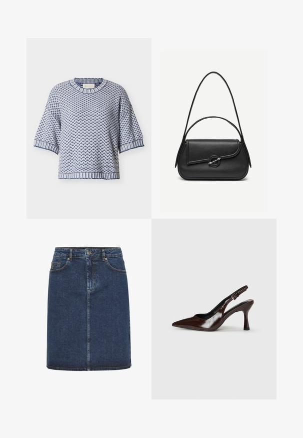 Blå og hvid strikket kortærmet sweater med tekstureret geometrisk mønster samt ribstrikket halsudskæring, ærmekanter og kant forneden.; Mørkeblå denimnederdel med lige snit, der har lukning med knapper foran, bæltestropper og to forlommer. Blød tekstur og synlige syninger.; Brune patenterede læderslingback-sandaletter med spids tå, en tynd hæl og justerbar rem med en lille spænde.; Sort læderhåndtaske med afrundede kanter, asymmetrisk klap, metalcirkulært spænde samt både korte og lange skulderstropper.