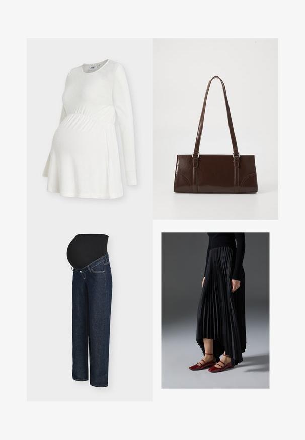 Hvid langærmet graviditetsbluse med rund halsudskæring, tekstureret prikmønster og let samlet snit under brystet for komfort og pasform.; Graviditetsjeans med sort elastisk linning, mørkeblåt denimstof, vid benpasform og klassisk fem-lomme design.; Sort plisseret nederdel med en høj-lav kant, parret med glansfulde røde flade sko med en remdesign. Stoffet har en glat overflade.; Brun lakeret håndtaske med rektangulær form, to lange håndtag og subtile buede detaljer på fronten.