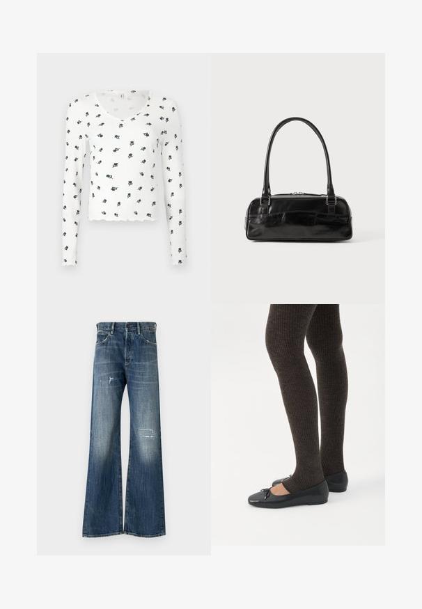 Langærmet hvid bluse med ribbet tekstur, med en bølget kant og et blomsterprint i marineblå og grøn.; Bredde ben denim jeans i mørkeblå, med et distressed design med revnede lapper og subtilt falmende. Klassisk fem-lomme stil.; Ben iført mørke ribbede leggings kombineret med sorte balletsko med små sløjfedetaljer på hvid baggrund.; Sort læderhåndtaske med rektangulær form, der har et enkelt struktureret håndtag, sølvhardware og lynlås-lukning. Glat tekstur.