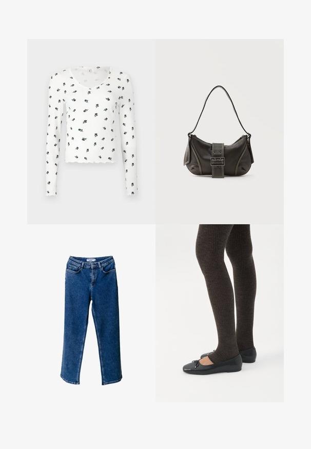 Langärmliges, weißes Oberteil mit geripptem Muster, featuring einem gewellten Saum und einem floralen Muster in Marineblau und Grün.; Blaue Denim-Jeans mit weitem Bein und hoher Taille, ausgestattet mit frontalen Taschen, kontrastierenden Nähten und einer lässigen Passform.; Beine in dunklen, gerippten Leggings kombiniert mit schwarzen Ballerinas mit kleinen Schleifendetails auf weißem Hintergrund.; Schwarze Leder-Schultertasche mit Schnallengurt-Detail, abgerundeten Kanten und kontrastierenden weißen Nähten auf schlichtem Hintergrund.