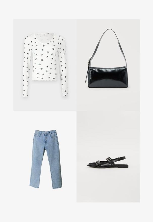 Langärmliges, weißes Oberteil mit geripptem Muster, featuring einem gewellten Saum und einem floralen Muster in Marineblau und Grün.; Helle blaue Denim-Jeans mit geradem Bein, fünf Taschen und einem Etikett am Bund. Sie weisen ausgebleichte Bereiche für eine Struktur auf.; Even&Odd by Zalando Sling-Ballerina - black; Schwarze rechteckige Schultertasche mit einem verstellbaren Riemen und einem oberen Reißverschluss vor einfachem Hintergrund.