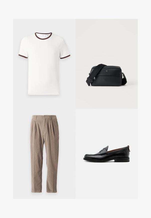 Camiseta blanca de manga corta con cuello y dobladillos de las mangas en color marrón, fabricada en suave material de algodón. Diseño simple y clásico.; Pantalones de pana beige con un ajuste relajado, que cuentan con pliegues, cierre de botón y bolsillos laterales, superficie texturizada y diseño de pierna cónica.; Mocasín de hombre de piel negra con costura moc toe, tira penny, cuello texturizado y tacón bajo apilado sobre fondo blanco.; Bolso bandolera negro de cuero texturizado con bolsillo frontal con cremallera y correa de hombro ancha de tela ajustable sobre fondo blanco.