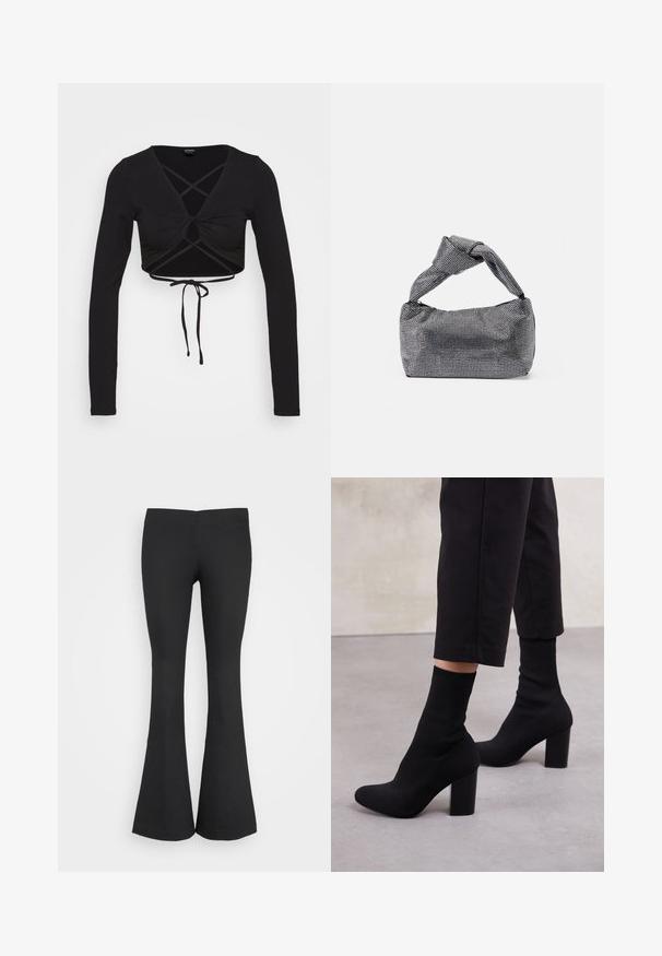 Monki Top s dlhým rukávom - black; Monki Nohavice - black; Čierne členkové topánky na podpätku s rebrovanou ponožkovou časťou, hladkým povrchom, zaoblenou špičkou a blokovým podpätkom pre stabilitu.; Čierna a strieborná kabelka s textúrovaným povrchom so vzorom diamantov, s uzlovou rukoväťou a štruktúrovaným tvarom.