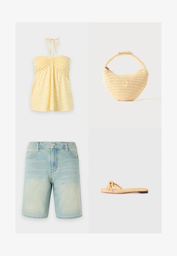 Gelbes trägerloses Top mit kleinem rosa Blumenmuster und Neckholder zum Binden, mit gerafftem Detail am Brustbereich.; Hellblaue Denim-Shorts mit einem verblassten Finish, ausgestattet mit einem Fünf-Taschen-Design, sichtbaren Nähten und einem Metallknopfverschluss am Bund.; Gelbe gewebte flache Sandale mit zwei überkreuzten Riemen, einem geknoteten Detail an der Vorderseite und einer niedrigen, braunen Sohle.; Beige gewebte Handtasche mit rundem Körper, Reißverschluss und kurzem, dickem Riemen in einfachem, strukturiertem Häkelstil.