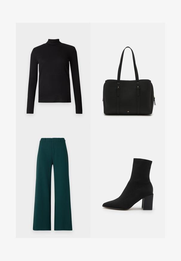 Schwarzes Langarm-Turtleneck-Shirt aus weichem Stoff, mit einem figurbetonten Design und glatter Textur. Keine Muster oder sichtbaren Beschläge.; Weite Hosen aus dunkelgrünem Stoff. Mit hoher Taille, vorderen Falten und Gürtel-Schlaufen. Glatte Textur und maßgeschneidertes Design.; Schwarze Knöchelliefe aus Stretchstoff, mit spitzem Zehenbereich und blockförmigem Absatz, mit gerilltem Besatz am oberen Rand.; Schwarze Tote-Tasche aus strukturiertem Leder, mit zwei langen Griffen, einem Reißverschluss und subtilen goldenen Akzenten an den Beschlägen.