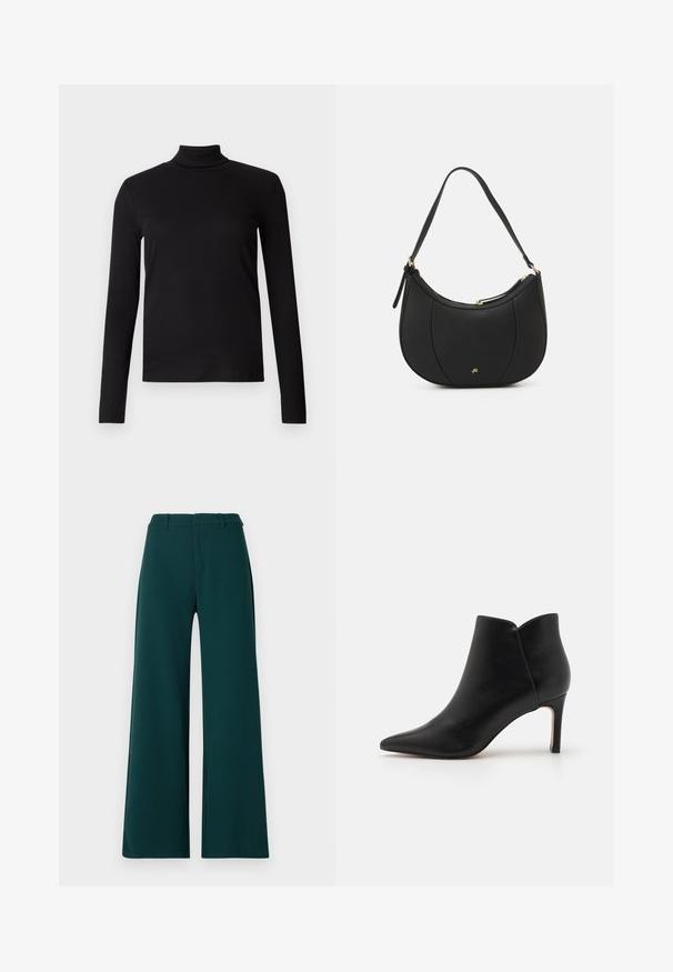 Schwarzes Langarm-Turtleneck-Shirt aus weichem Stoff, mit einem figurbetonten Design und glatter Textur. Keine Muster oder sichtbaren Beschläge.; Weite Hosen aus dunkelgrünem Stoff. Mit hoher Taille, vorderen Falten und Gürtel-Schlaufen. Glatte Textur und maßgeschneidertes Design.; Schwarze Leder-Spitzenstiefeletten mit einer spitzen Zehenform, tailliertem Design und einem Stiletto-Absatz, die eine einzigartige, gewellte Öffnung am Knöchel aufweisen.; Schwarze Lederhandtasche mit geschwungenem Design, strukturiertem Material, vorderen Nähten und einem Logo in Goldtönen. Verfügt über einen einzelnen verstellbaren Tragegurt.