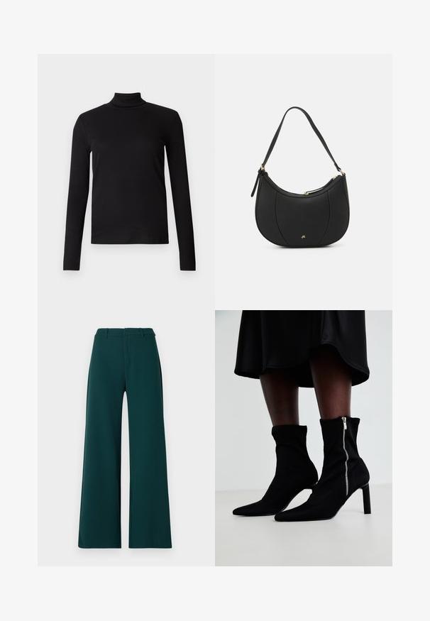 Chemise à col roulé noir à manches longues, en tissu doux, présentant un design ajusté et une texture lisse. Sans motifs ni accessoires visibles.; Pantalons à jambes larges en tissu vert foncé. Présentent une taille haute, des plis avant et des passants de ceinture. Texture lisse et design ajusté.; Bottines noires avec un corps en tissu extensible, un bout pointu et une fermeture éclair sur le côté, montées sur un talon slim et haut.; Sac à main en cuir noir avec une forme courbée, surface texturée, coutures avant et un logo doré. Il est doté d'une seule sangle ajustable.