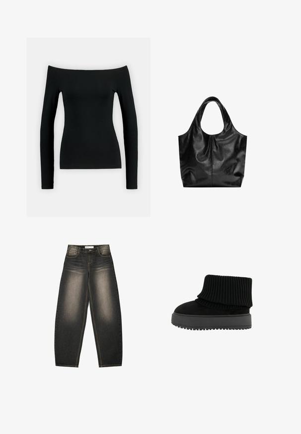 Sort langærmet top med off-shoulder design. Fremstillet af glat stof, har det en tætsiddende form og sømløs konstruktion.; Grå denim bredbenede jeans med let lysning, fem lommer, kontraststing og en afslappet pasform. Ingen synlige mønstre eller udsmykninger.; Sort ankelstøvle med en ribbet strikket krave og en flad, tekstureret sål. Fremstillet af en kombination af ruskind og elastiske materialer.; Sort læder tote taske med en glat overflade, en blød, afrundet top og brede håndtag. Har minimal syning og en afslappet silhuet.