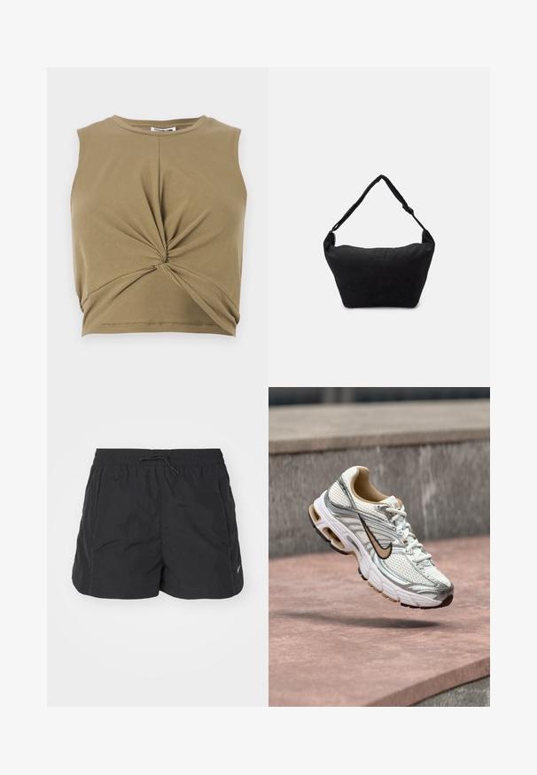 Khaki värvi ilma varrukat crop top, mis on valmistatud pehmest kangast, omades keeratud esiosa kujundust ja ümarat kaelust, et saavutada kehakujuline siluett.; Mustad mustad lühikesed püksid, mis on valmistatud kergest materjalist, elastse vöökaare ja paelaga, külgtaskud ja väike logoaktsent.; Valge ja hõbedane Nike jooksujalanõu beeži Swoosh logoga, nähtav õhus kivipinna kohal, taustal ähmane hall sein.; Must mustriga mustriga kott musta kangast, pehme tekstuuriga pinnaga, ümar kuju ja ühe rihmaga. Minimalistlik disain, ilma nähtava riistvara või aktsentideta.