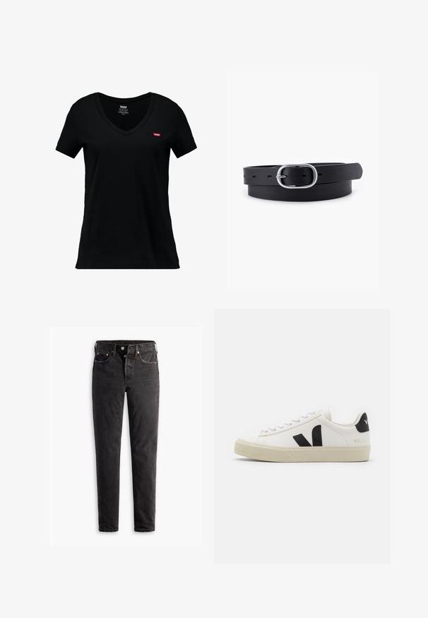 Camiseta de algodón negra con cuello en V y mangas cortas, que presenta un pequeño logo rojo de Levi's en la parte izquierda del pecho y una textura suave.; Jeans de denim negro con corte recto, que cuentan con cinco bolsillos, herrajes de cobre y una textura ligeramente deslavada.; Zapatilla de cuero blanca con logo V de goma negra. Suela texturizada en blanco roto, cordones blancos y detalle en el talón trasero con el nombre de la marca en negro.; Cinturón de cuero negro con una textura suave, hebilla ovalada de metal plateado y múltiples agujeros de ajuste a lo largo de la correa. Diseño plano y minimalista.