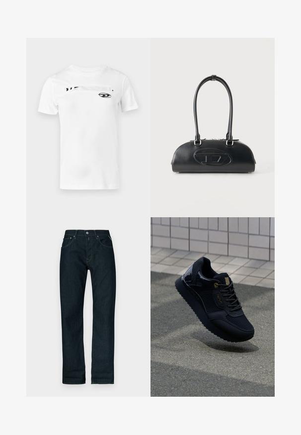 T-shirt en coton blanc avec un motif imprimé noir sur la poitrine, comprenant un dessin d'œil abstrait et un élément de texte en caractères gras. Manches courtes.; Jean denim bleu foncé à coupe droite avec bouton avant et poches, présenté sur un fond blanc.; Baskets noires avec une tige en mesh, des accents brillants, des éléments en or, une semelle texturée et un col rembourré pour le confort.; Sac à main en cuir noir avec longues poignées doubles et logo ovale embossé sur le devant, présenté sur un fond clair uni.