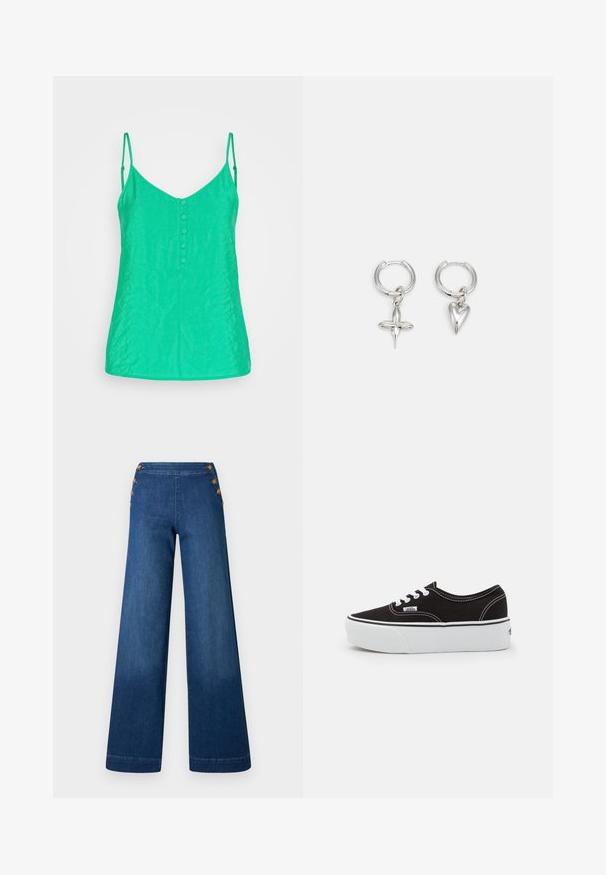 Vero Moda VMQUEENY SINGLET V NECK - Top - bright green; Denimbukser med vidde i benene i mørkeblå. Har en flad front med fem knapper i gylden tone til lukning. Glat tekstur med en klassisk finish.; Sort lærred sneakers med en hvid gummi platform sål, der har hvide snørebånd og syninger, ikonisk branding på siden, lav-top design.; Sølv hoop øreringe med et kors og hjerte charm. Glat, skinnende tekstur med en poleret finish. Hver charm hænger fra en sikker løkke.