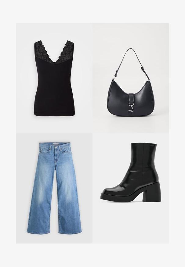 Sort tanktop med blondekant langs V-halsen. Blødt stof med tætsiddende pasform, uden ærmer og sømløs kant.; Lyseblå vidbenede jeans lavet af denim, med høj talje, lynlås og knaplukning foran samt klassisk fem-lomme design.; Sorte ankelstøvler med en blank finish, firkantet tå og en tyk blokhæl. Designet har en strømlinet silhuet og minimal branding.; Pieces PCLIKA SHOULDER BAG - Håndtasker - black