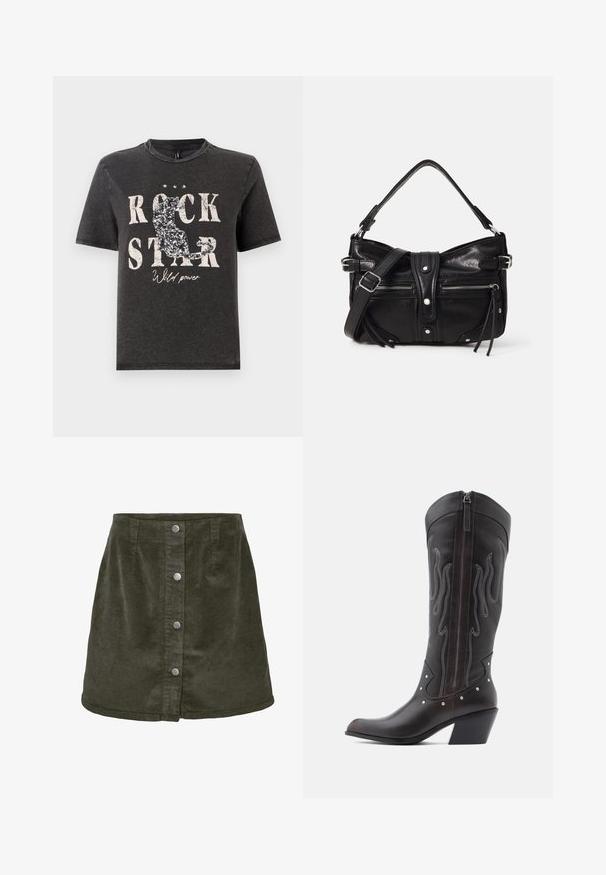 Schwarzes Baumwoll-T-Shirt mit auffälligem weißen Text "ROCK STAR" und glitzernder Katzensilhouette. Runder Halsausschnitt und kurze Ärmel.; Dunkelgrüner Cord-Rock in A-Linie, mit fünf silbernen Knopfverschlüssen auf der Vorderseite und vertikaler Ripptextur.; Braune Cowboy-Stiefel aus Leder mit Flammenstickerei, seitlichem Reißverschluss, silbernen Nieten, spitzer Zehenpartie und geschichtetem Absatz.; Even&Odd by Zalando H24462 - Handtasche - black