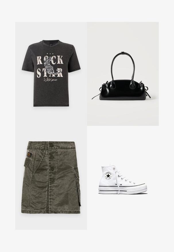 Camiseta de algodón negra con el texto en blanco "ROCK STAR" en negrita y un diseño de silueta de gato brillante. Cuello redondo y mangas cortas.; Falda verde oliva con botones en el frente, hecha de una tela texturizada, que cuenta con un bolsillo lateral y detalles de costura. Ajuste regular, diseño hasta la rodilla.; Zapatilla blanca de caña alta Converse Chuck Taylor All Star con parche de logo negro y cordones blancos, presentada sobre fondo blanco.; Pequeño bolso negro brillante con dos asas largas y detalles de cordón lateral sobre un fondo claro liso.