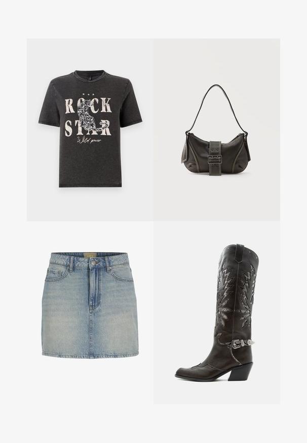 Camiseta de algodón negra con el texto en blanco "ROCK STAR" en negrita y un diseño de silueta de gato brillante. Cuello redondo y mangas cortas.; Mini falda de mezclilla azul clara con una cintura ajustada, cierre de botón en la parte delantera, cinco bolsillos y un leve desgaste a lo largo de la tela.; Bota cowboy de cuero negro con recortes decorativos, hebilla plateada y tacón inclinado, presentada sobre fondo blanco.; Bolso de hombro de cuero negro con detalle de correa con hebilla, bordes curvos y costuras blancas en contraste sobre un fondo liso.