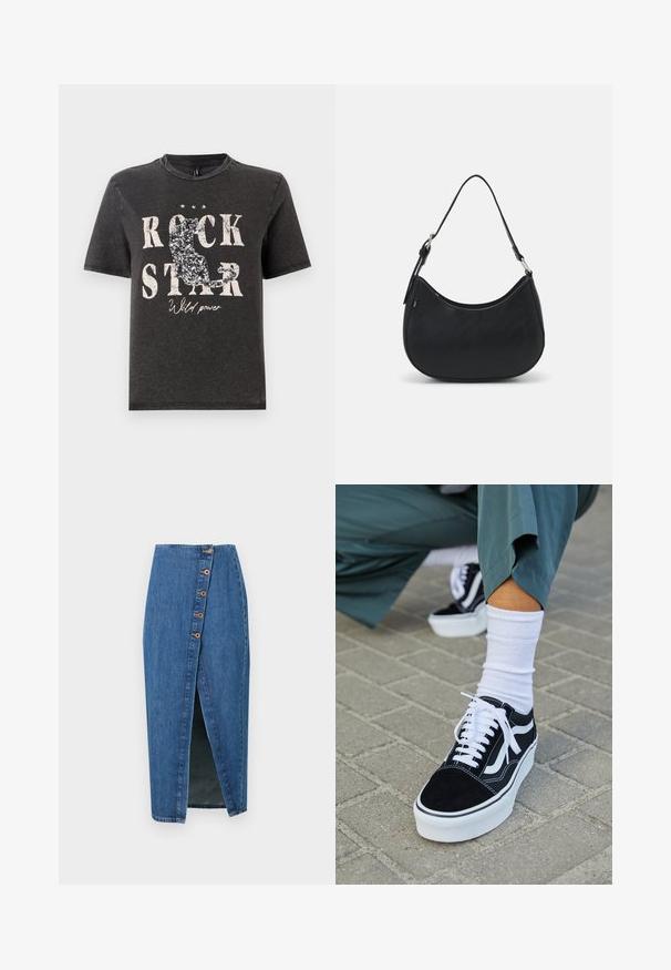 Schwarzes Baumwoll-T-Shirt mit auffälligem weißen Text "ROCK STAR" und glitzernder Katzensilhouette. Runder Halsausschnitt und kurze Ärmel.; Denim-Bleistiftrock in Mittelblau mit einem Schlitz vorne, ausgestattet mit sechs braunen Knopf-Akzenten entlang der Seitennaht. Glatte Textur und taillierte Passform.; Schwarze Wildledersneaker mit weißen Akzenten und Schnürsenkeln, ausgestattet mit einer dicken weißen Sohle und kontrastierenden Nähten, kombiniert mit einer weißen Socke.; Schwarze Hobo-Tasche aus glattem Leder mit einer geschwungenen Silhouette, ausgestattet mit einem einzelnen verstellbaren Trageriemen und minimalistischem Design.