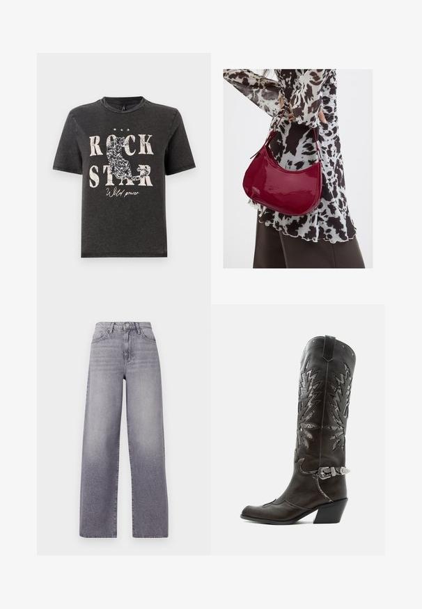 Schwarzes Baumwoll-T-Shirt mit auffälligem weißen Text "ROCK STAR" und glitzernder Katzensilhouette. Runder Halsausschnitt und kurze Ärmel.; Hochgeschnittene, weit geschnittene Jeans in hellgrauem Denim. Mit klassischem Fünf-Taschen-Design, dezenten Verwaschungen und einem metallischen Knopfverschluss.; Schwarzer Leder-Cowboystiefel mit dekorativen Ausschnitten, silberner Schnalle und schräger Ferse, auf weißem Hintergrund dargestellt.; Frau trägt eine schwarz-weiß gemusterte Bluse und hält eine glänzende rote Schultertasche vor einem einfarbigen Hintergrund.