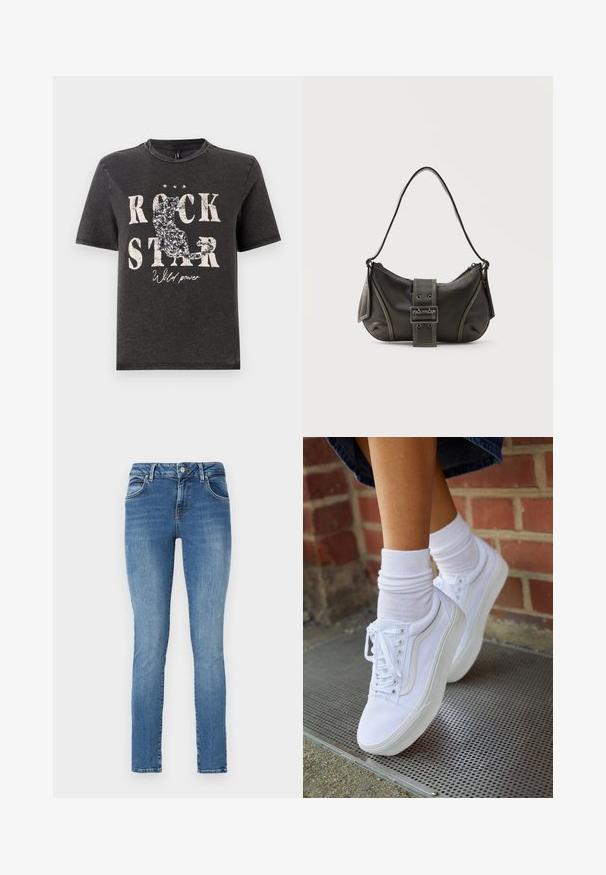 Schwarzes Baumwoll-T-Shirt mit auffälligem weißen Text "ROCK STAR" und glitzernder Katzensilhouette. Runder Halsausschnitt und kurze Ärmel.; Schlanke Jeans aus blauem Denim mit einem verwaschenen Finish, ausgestattet mit fünf Taschen, Gürtelschlaufen und einem Reißverschluss mit Knopfverschluss.; Weiße Leinensneaker mit Gummisohlen, ausgestattet mit sechs Ösen, runder Zehenpartie und dezenten Nähten, kombiniert mit weißen Knöchelsocken.; Schwarze Leder-Schultertasche mit Schnallengurt-Detail, abgerundeten Kanten und kontrastierenden weißen Nähten auf schlichtem Hintergrund.