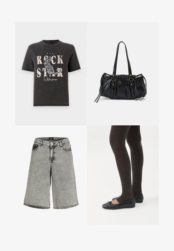 Camiseta de algodón negra con el texto en blanco "ROCK STAR" en negrita y un diseño de silueta de gato brillante. Cuello redondo y mangas cortas.; Shorts de mezclilla en negro desgastado con un ajuste holgado, que presentan una cintura alta, diseño de cinco bolsillos y un detalle de costura visible.; Piernas con leggings oscuros acanalados combinados con bailarinas negras que presentan pequeños detalles de lazo sobre un fondo blanco.; Bolso de mano de cuero negro con forma redondeada, asas dobles, acentos de hardware decorativo y detalles de lazo en los laterales. Textura lisa y brillante.