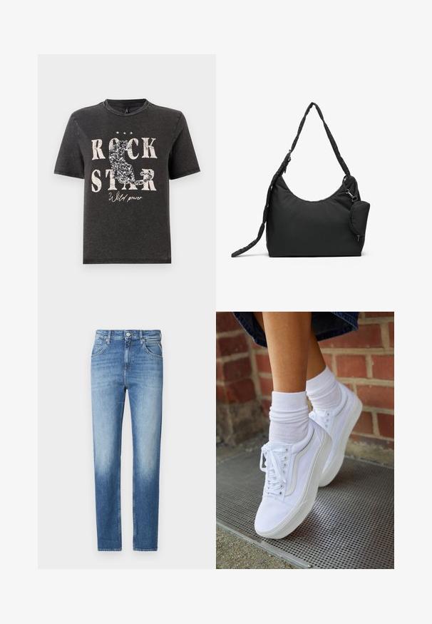 Schwarzes Baumwoll-T-Shirt mit auffälligem weißen Text "ROCK STAR" und glitzernder Katzensilhouette. Runder Halsausschnitt und kurze Ärmel.; Hellblaue Denim-Jeans mit geradem Schnitt, verwaschenem Look, fünf Taschen und einem Knopfverschluss an der Taille. Auffälliges Steppdetail.; Weiße Leinensneaker mit Gummisohlen, ausgestattet mit sechs Ösen, runder Zehenpartie und dezenten Nähten, kombiniert mit weißen Knöchelsocken.; Schwarze Nylon-Umhängetasche mit geschwungener Form, strukturiertem Tragegurt und einem kleinen, abnehmbaren Reißverschlussbeutel, der an der Seite befestigt ist.