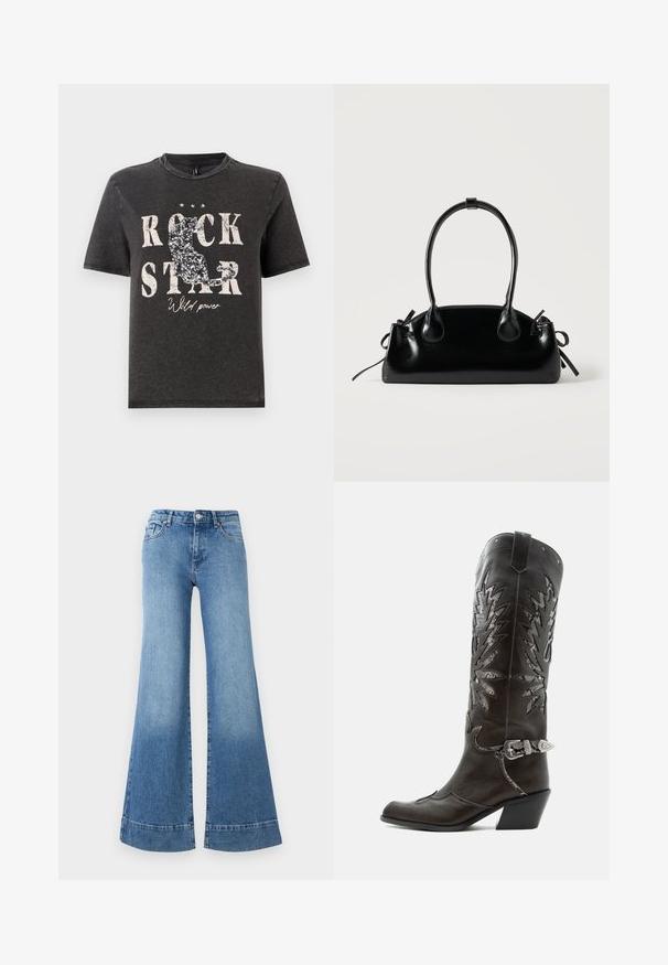 Zwarte katoenen T-shirt met vet witte tekst "ROCK STAR" en een glinsterend katten silhouet design. Ronde halslijn en korte mouwen.; Lichtblauwe denim flared jeans met een hoge taille, wijd uitlopende benen en een lichte vervaging. Heeft een klassiek vijf-pocket ontwerp en een metalen knoopsluiting.; Zwarte leren cowboylaars met decoratieve uitsnijdingen, zilveren gesp en schuine hak, weergegeven op een witte achtergrond.; Kleine zwarte glanzende handtas met twee lange hengsels en zijkant trekkoord details op een effen lichte achtergrond.