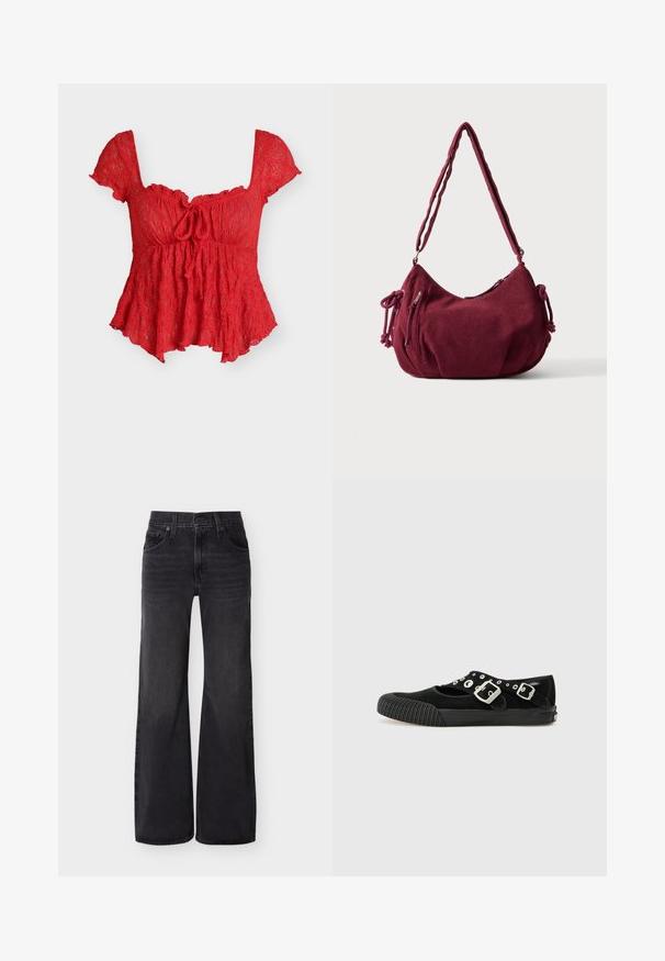Blusa roja de encaje con mangas cortas, escote cuadrado, detalle de lazo frontal y bajo acampanado.; Vaqueros negros de cintura alta y pierna ancha con botones delanteros, cremallera, trabillas para cinturón y diseño de cinco bolsillos sobre un fondo liso.; Vans MARY JANE - Bailarinas - black; Bolso de hombro de pana en color granate suave con correa ajustable, cierre de cremallera, lazos laterales y un bolsillo delantero con cremallera.