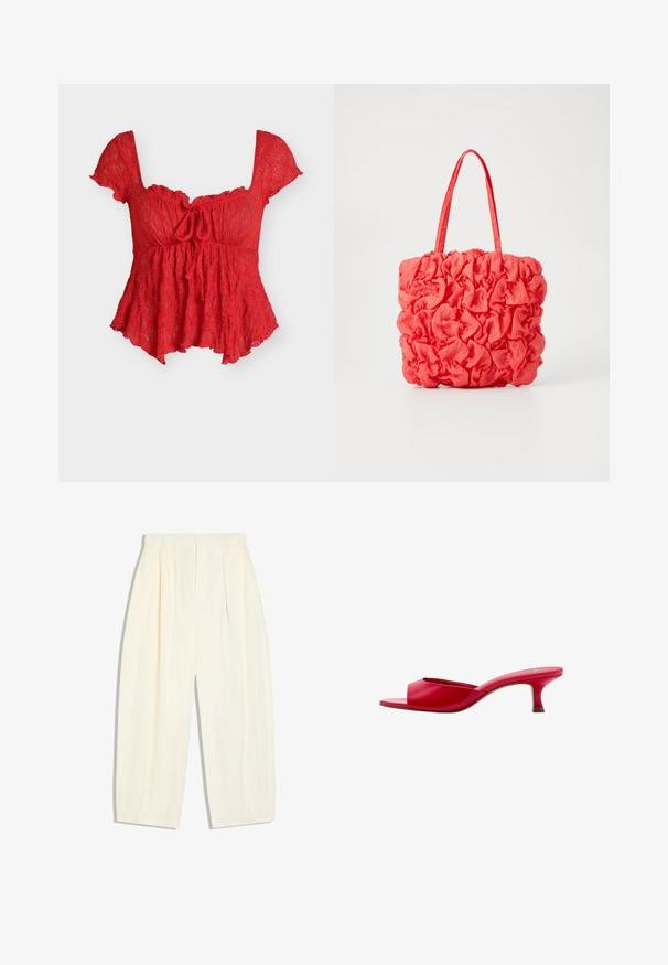 Bluza scurtă roșie din dantelă cu mâneci scurte, decolteu pătrat, detaliu cu fundă în față și tiv evazat.; Pantaloni de culoare crem, croială lejeră, cu talie elastică și pliuri, lungime scurtă și fără închizători vizibile.; Pantof roșu tip mule cu vârf deschis, toc mic kitten și finisaj neted, prezentat din lateral pe un fundal alb.; Geantă de umăr corai cu un design texturat și strâns. Fabricată dintr-un material moale, cu două mânere rezistente și un interior spațios.