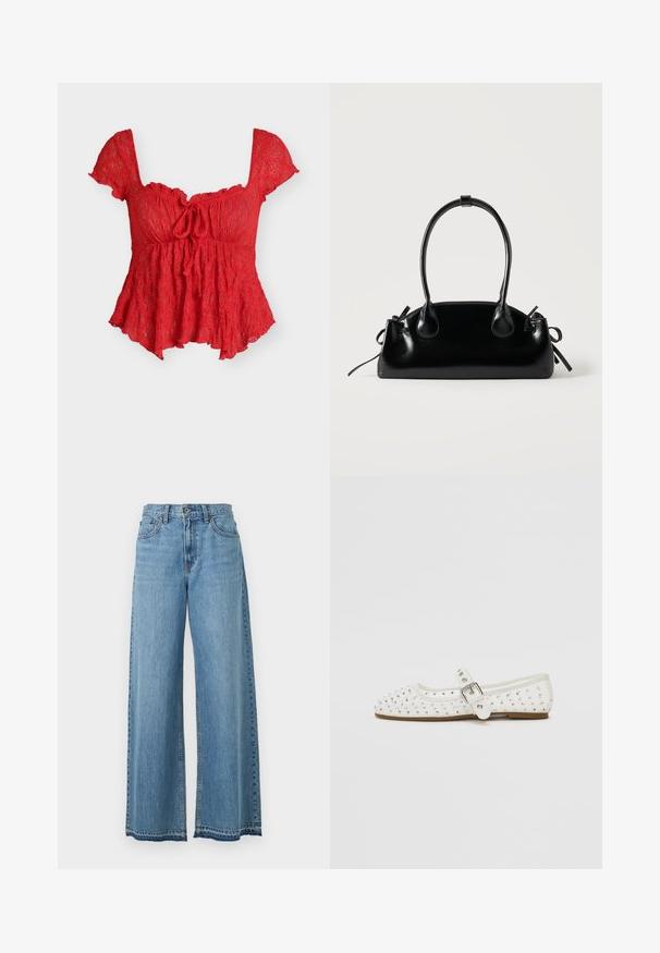 Rode kanten blouse met korte mouwen, vierkante halslijn, strikdetail aan de voorkant en uitlopende zoom.; Lichtblauwe high-waisted jeans met wijde pijpen, een voorste knoop, rits en klassiek ontwerp met vijf zakken, afgebeeld op een witte achtergrond.; Witte platte schoen met een spitse neus, versierd met zilveren studs, beschikt over een gespsluiting over de wreef en een lichtbruine zool.; Kleine zwarte glanzende handtas met twee lange hengsels en zijkant trekkoord details op een effen lichte achtergrond.