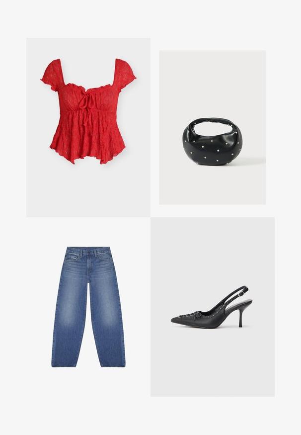 Rote Spitzenbluse mit kurzen Ärmeln, quadratischem Ausschnitt, Vorderbindedetail und ausgestelltem Saum.; Hellblaue, weit geschnittene Jeans mit klassischer Denim-Textur, Fünf-Taschen-Design und frontalem Knopfverschluss. Abgestufte Akzente auf dem Stoff.; Schwarzer Leder-Slingback-Stiletto mit spitzem Zehenaufsatz, seitlichem Schnallenriemen, Nieten entlang der Kante und dekorativer Schnürung vorne.; Schwarze Lederhandtasche mit abgerundeter Form, verziert mit silbernen Nietenakzenten und kurzem Griff. Glatte Struktur und Reißverschlussverschluss.