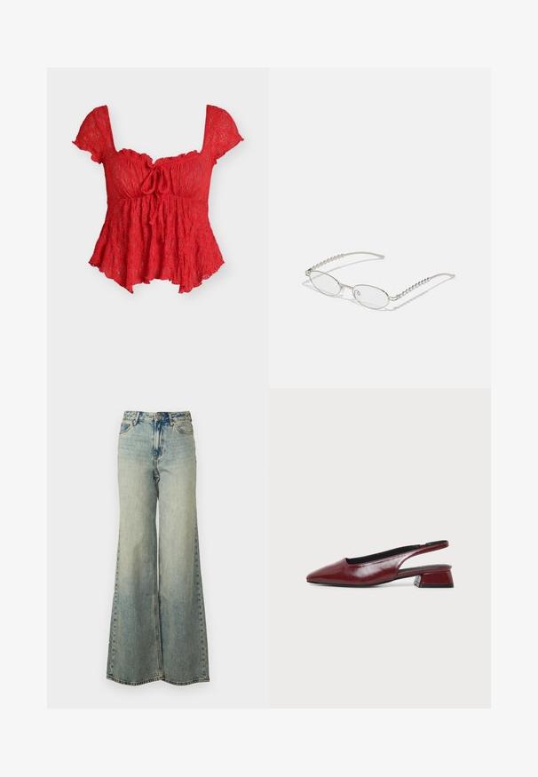 Rote Spitzenbluse mit kurzen Ärmeln, quadratischem Ausschnitt, Vorderbindedetail und ausgestelltem Saum.; Helles blauweite Jeans im Denim-Stil mit hoher Taille, ausgewaschenem Finish und seitlichen Taschen mit sichtbaren Nähten.; Dunkelroter Lederslingback-Schuh mit spitzer Zehenpartie und niedrigem Blockabsatz, seitlich auf hellem Hintergrund gezeigt.; Ovale Brillen mit einem metallisch-silbernen Rahmen, klaren Gläsern und strukturierten Perlenakzenten an den Bügeln. Leichtes Design mit gebogenen Bügeln.