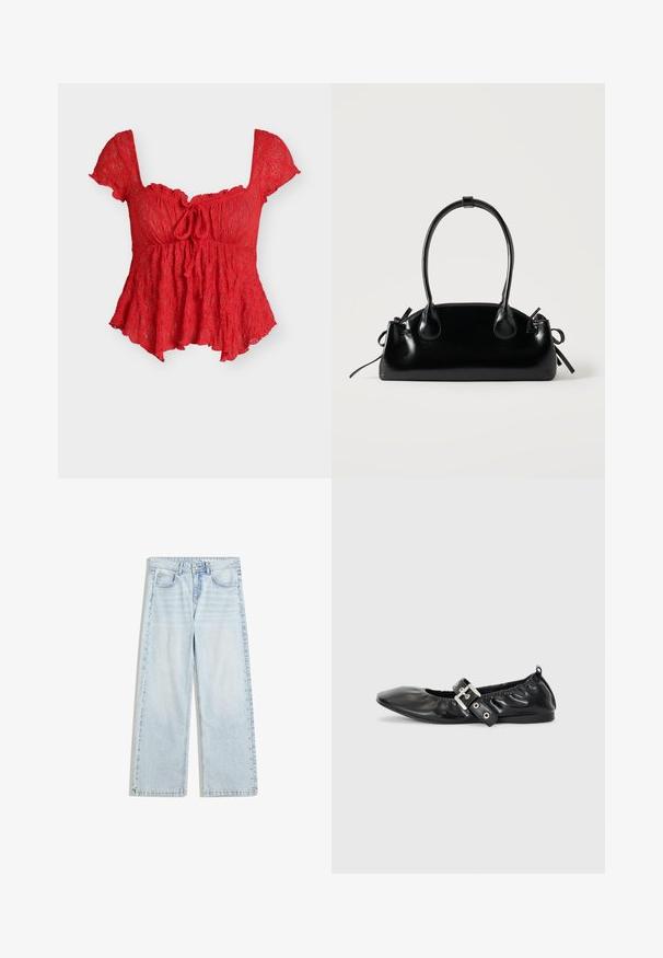 Rød blondebluse med korte ærmer, firkantet halsudskæring, bindedetalje foran og udvidet kant.; Lyseblå vidde jeans lavet af denim, med knaplukning og dekorative nitter langs sidesømmene.; Sorte læder flade sko med spids tå, samling detaljer omkring åbningen, og en sølv spænde accent på den justerbare rem.; Lille sort blank håndtaske med to lange håndtag og snøre-detaljer i siden på en ensfarvet lys baggrund.