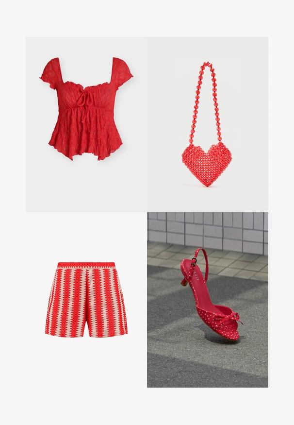 Blusa roja de encaje con mangas cortas, escote cuadrado, detalle de lazo frontal y bajo acampanado.; Pantalones cortos rojos con una tela texturizada con rayas verticales blancas y un patrón en forma de concha. Cintura elástica y diseño de corte holgado.; Zapato de tacón alto rojo con lunares, con tira en el tobillo y lazo, colocado de pie sobre asfalto gris junto a una pared de azulejos.; Bolso de mano rojo con cuentas en forma de corazón con una correa a juego de cuentas sobre un fondo blanco liso.
