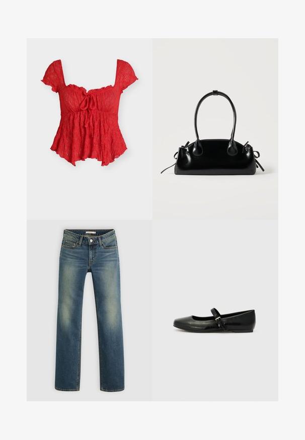 Blouse rouge en dentelle à manches courtes, encolure carrée, détail nœud à l'avant et ourlet évasé.; Jeans en denim bleu avec une coupe droite, fermeture à bouton à l'avant, passants de ceinture, et zones décolorées aux cuisses et aux genoux.; Ballerines en cuir noir avec un bout arrondi, une semelle plate et une fine sangle ajustable sur le cou-de-pied avec une boucle en métal.; Petit sac à main noir brillant avec deux longues anses et des détails à cordon sur les côtés sur un fond clair uni.