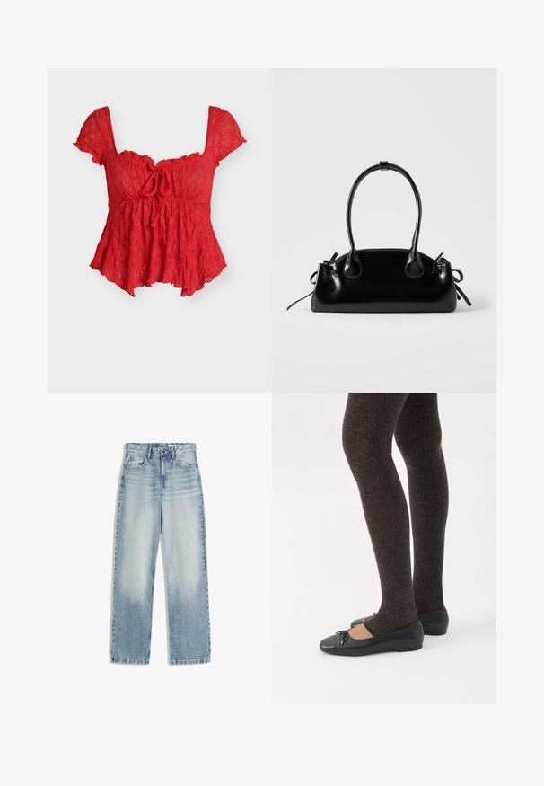 Blouse rouge en dentelle à manches courtes, encolure carrée, détail nœud à l'avant et ourlet évasé.; Jeans en denim bleu clair, taille haute, avec une coupe droite. Comprend un style classique à cinq poches et une décoloration subtile sur l'avant.; Jambes portant des leggings côtelés foncés associés à des ballerines noires avec de petits détails en nœud sur fond blanc.; Petit sac à main noir brillant avec deux longues anses et des détails à cordon sur les côtés sur un fond clair uni.